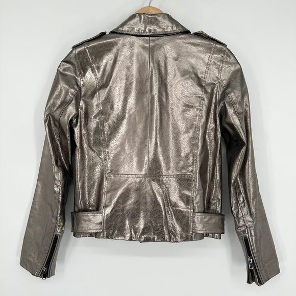 ZARA Genuine Leather Jacket Silver Metallic Belted Moto Biker Jacket - Picture 9 of 16
